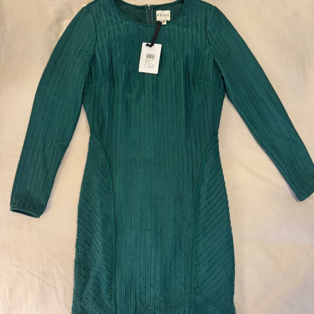 NWT Reiss Chloey Forest Green Body-Con Dress – Textured Knit, Long Sleeve – US 8